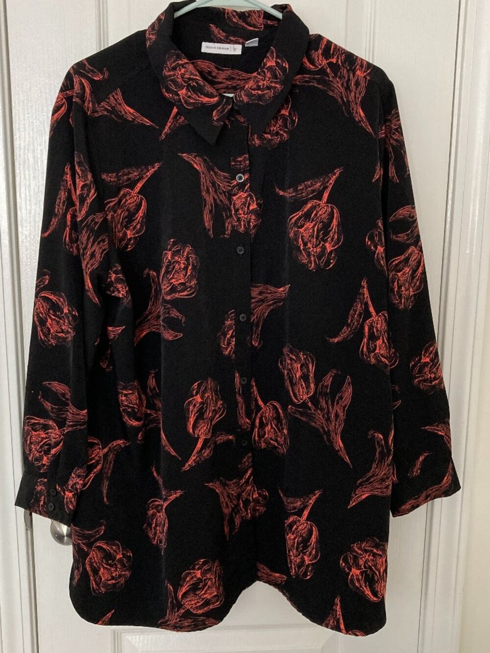 Susan Graver Black Floral Button Front Top Size 20W